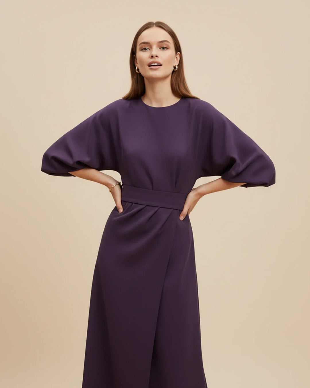 Vordaine | Women's Midi Dress Wide Sleeve Belted - Black - Image 5