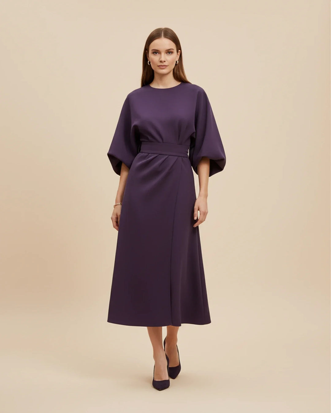 Vordaine | Women's Midi Dress Wide Sleeve Belted - Black - Image 6