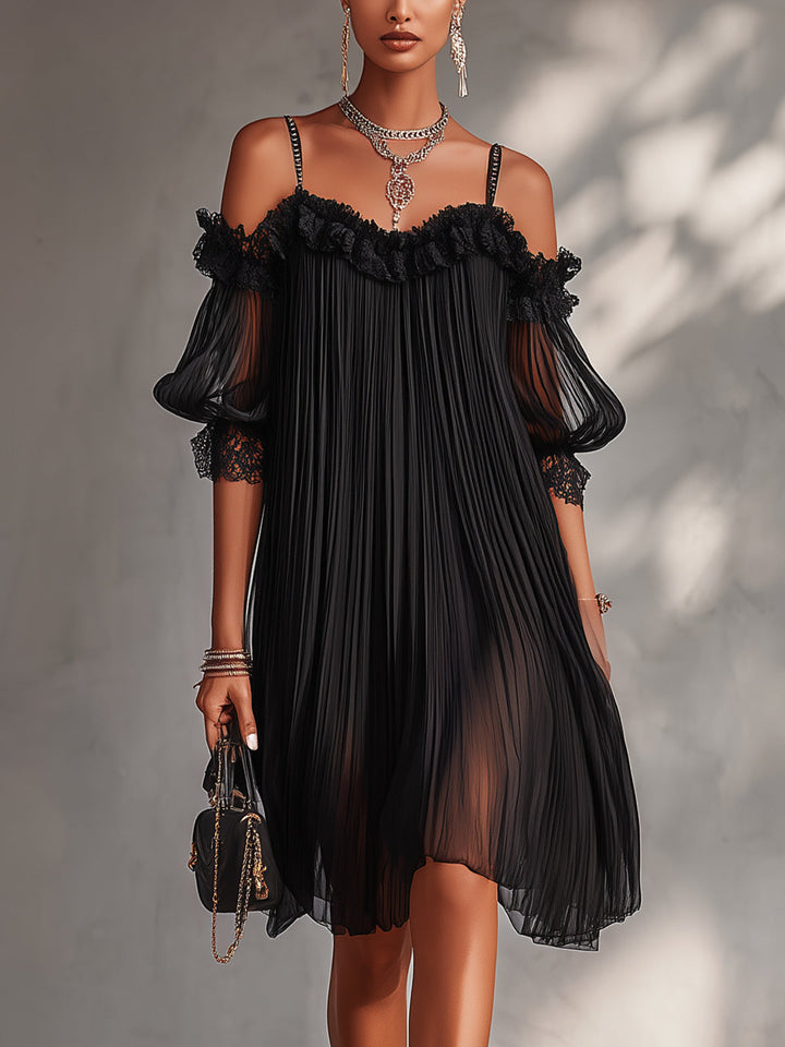 Vordaine | Women's Off-Shoulder Mini Dress Pleated Lace - Black - Image 1