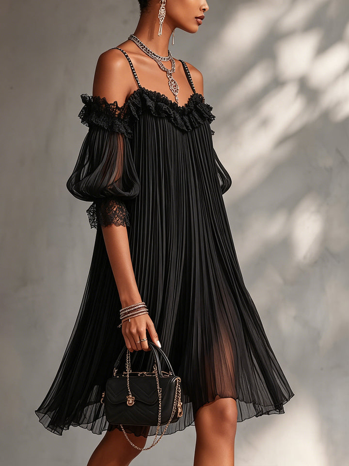 Vordaine | Women's Off-Shoulder Mini Dress Pleated Lace - Black - Image 2