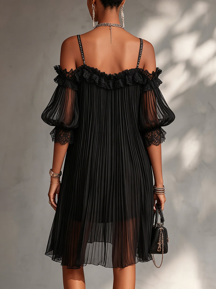 Vordaine | Women's Off-Shoulder Mini Dress Pleated Lace - Black - Image 3