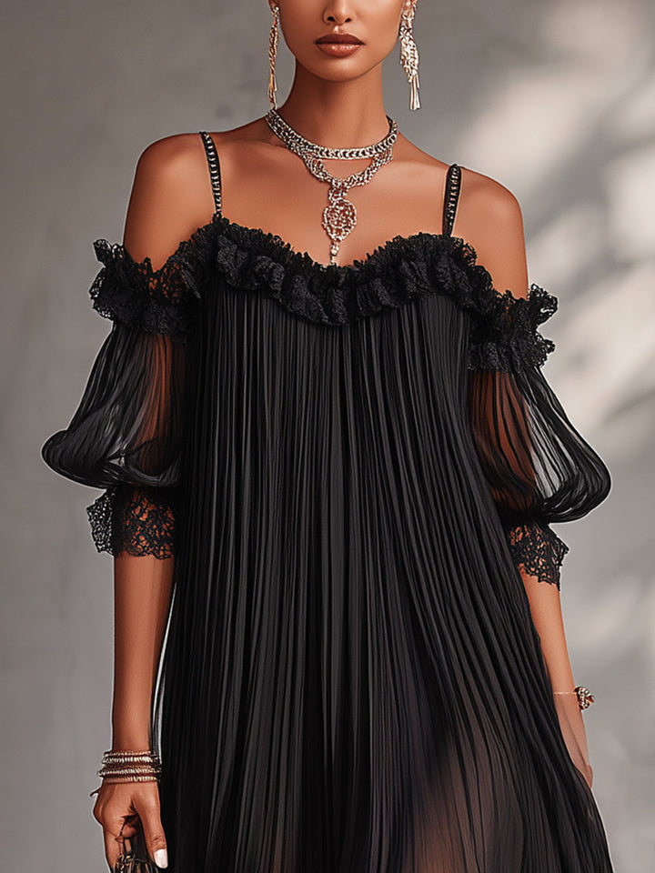 Vordaine | Women's Off-Shoulder Mini Dress Pleated Lace - Black - Image 4