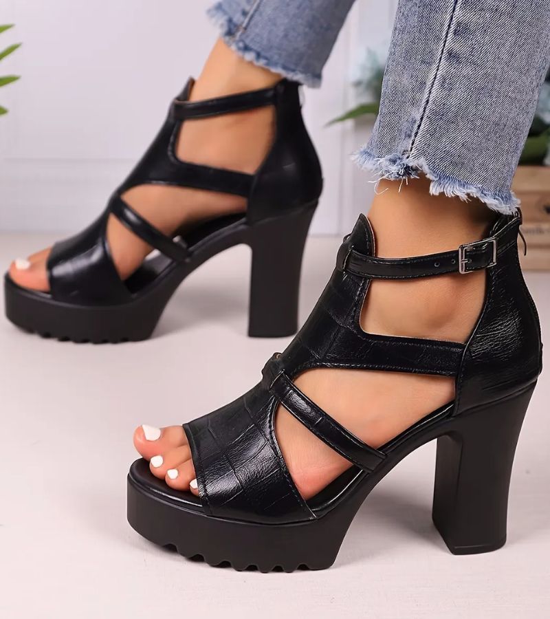 Vordelle | Women's Strappy Platform Block Heel Sandals - Black - Image 1