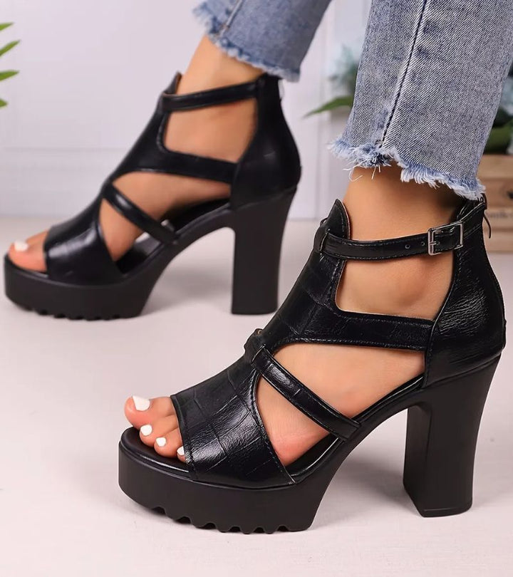 Vordelle | Women's Strappy Platform Block Heel Sandals - Black - Image 1