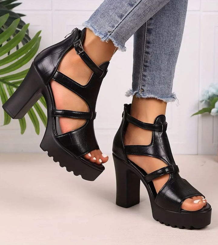 Vordelle | Women's Strappy Platform Block Heel Sandals - Black - Image 2