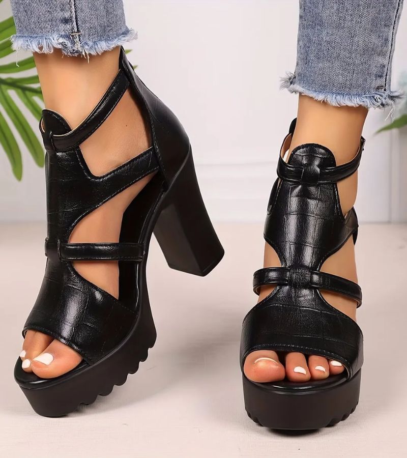 Vordelle | Women's Strappy Platform Block Heel Sandals - Black - Image 6
