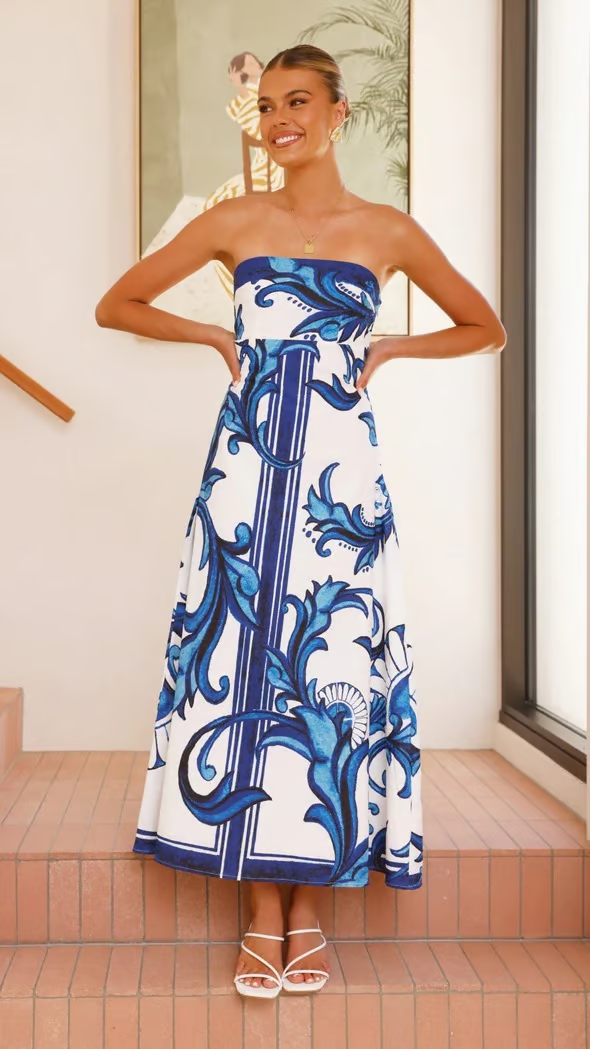 Vorianne | Women's Strapless Printed Maxi Dress - Blue - Image 1