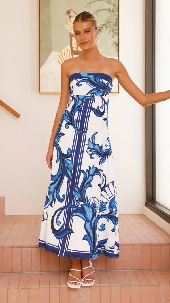 Vorianne | Women's Strapless Printed Maxi Dress - Blue - Image 2