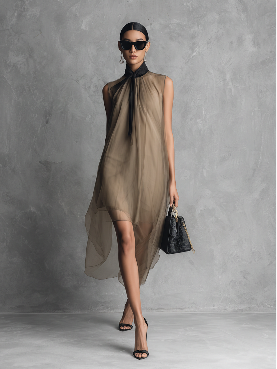 Vornaith | Women's Sheer Chiffon Midi Dress Tie Neck - Taupe - Image 3