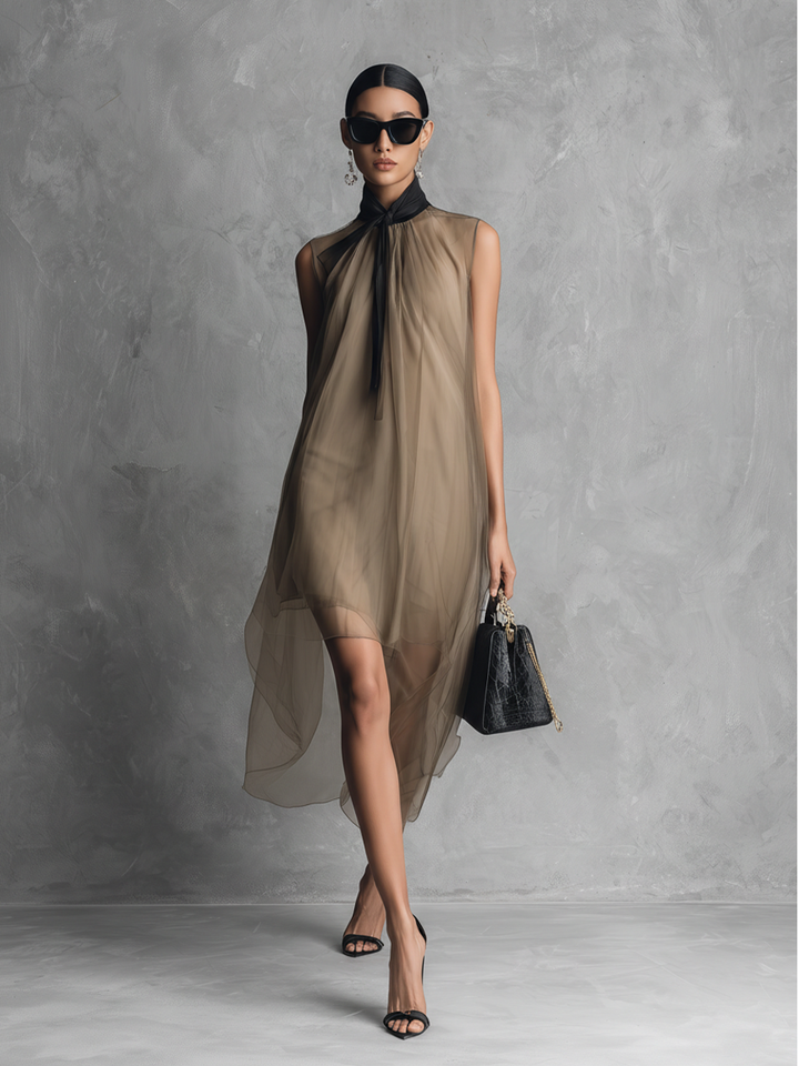 Vornaith | Women's Sheer Chiffon Midi Dress Tie Neck - Taupe - Image 3