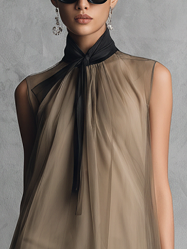 Vornaith | Women's Sheer Chiffon Midi Dress Tie Neck - Taupe - Image 4