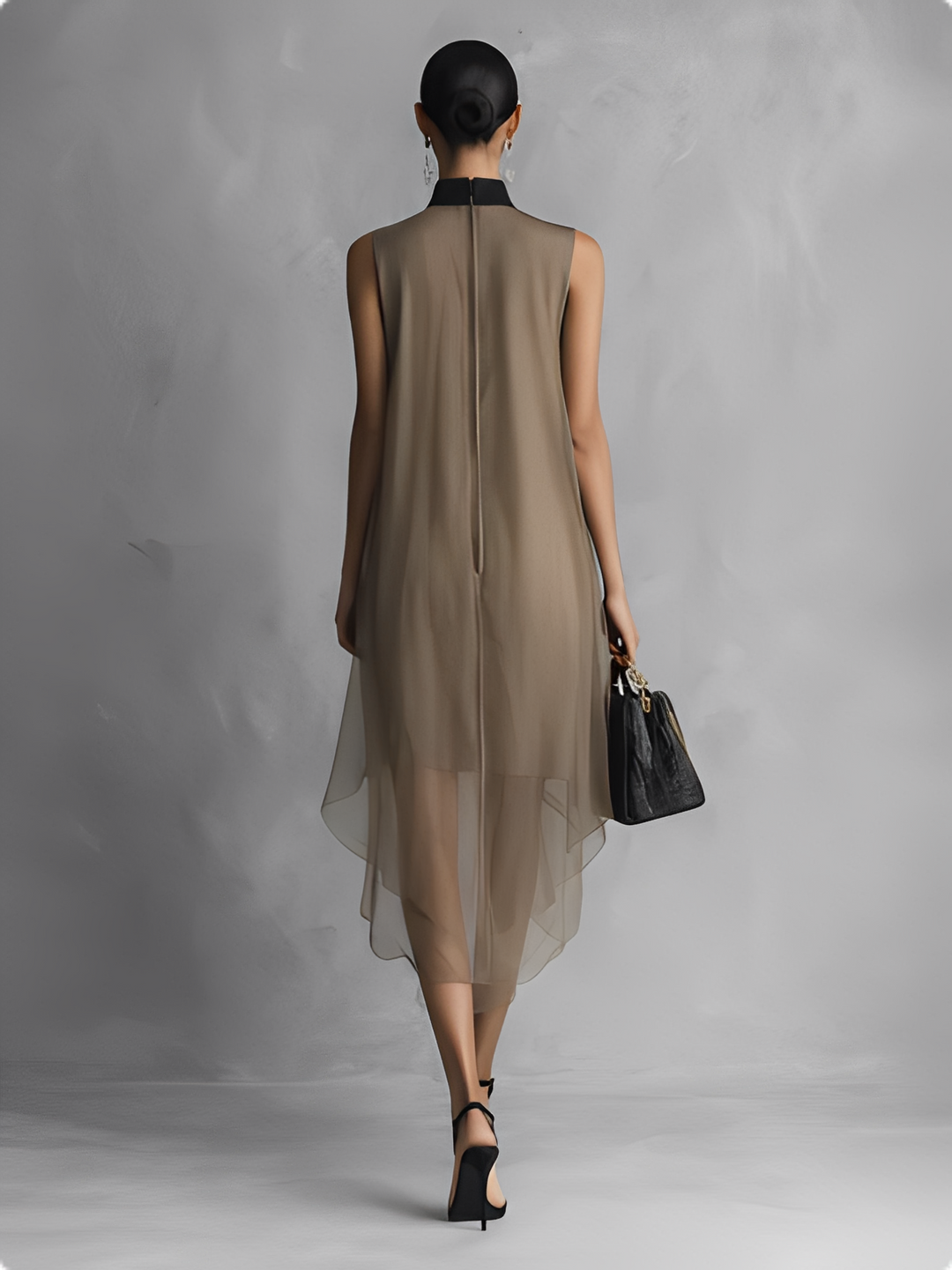 Vornaith | Women's Sheer Chiffon Midi Dress Tie Neck - Taupe - Image 6