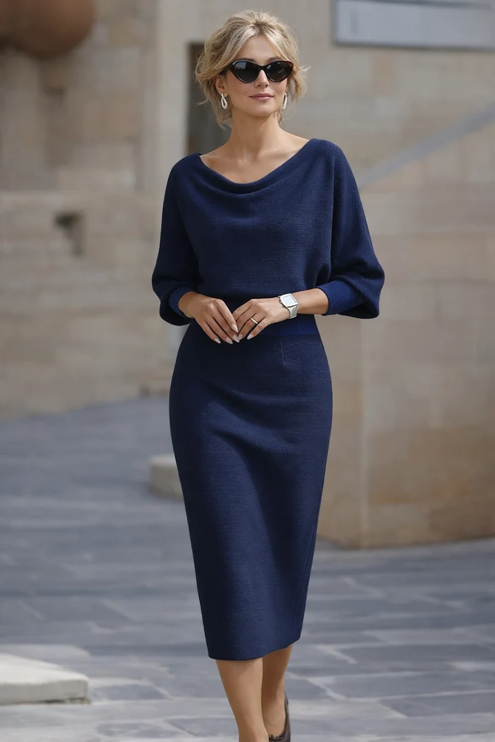 Vornasha | Women's Cowl Neck Batwing Midi Dress - Navy - Image 1