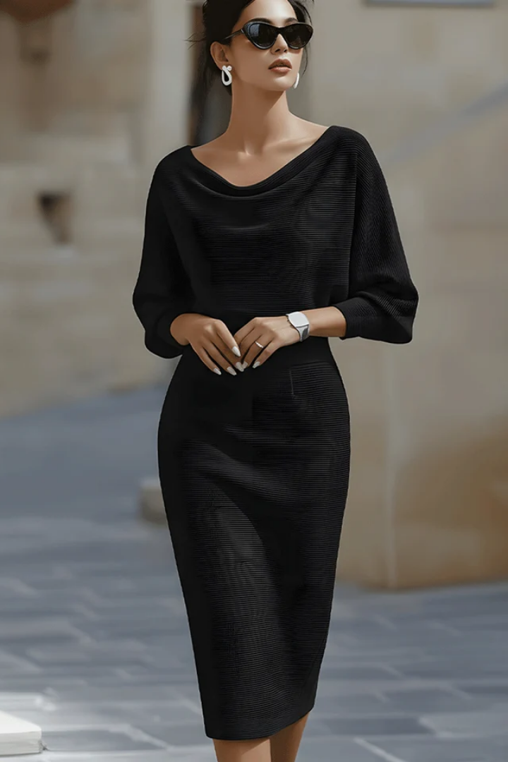 Vornasha | Women's Cowl Neck Batwing Midi Dress - Navy - Image 3