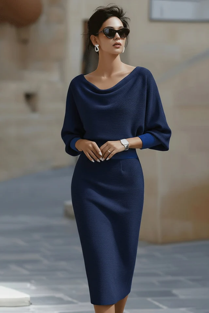 Vornasha | Women's Cowl Neck Batwing Midi Dress - Navy - Image 5