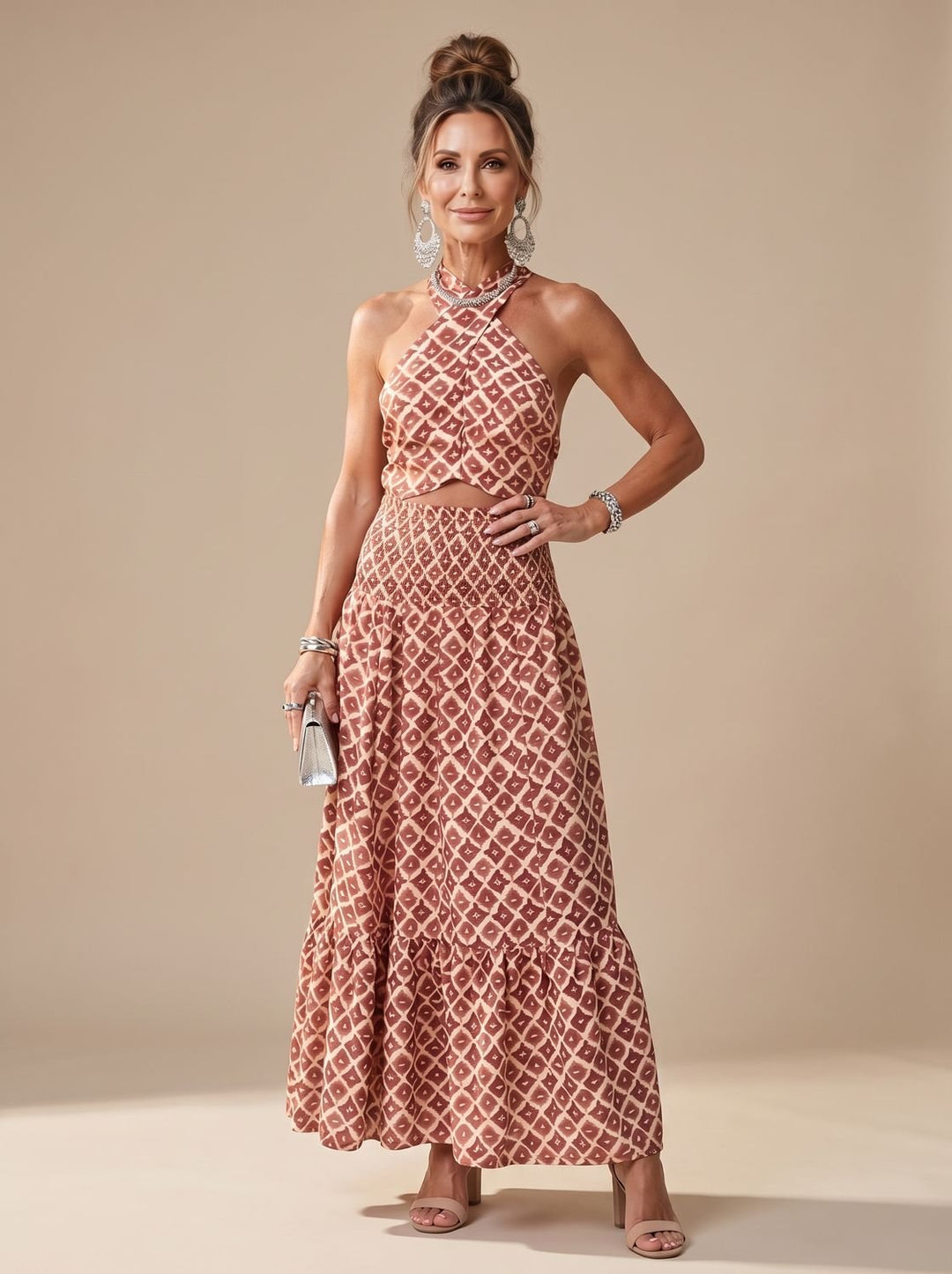 Vornaya | Women's Halter Neck Geometric Print Maxi Dress - Image 1