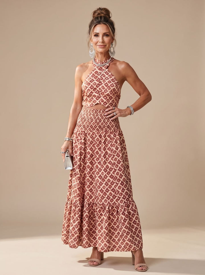 Vornaya | Women's Halter Neck Geometric Print Maxi Dress - Image 1
