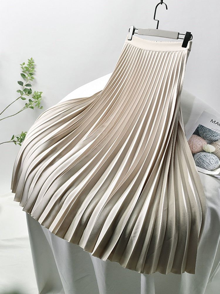 Vornelle | Women's High-Waist Pleated Midi Skirt - Beige - Image 1