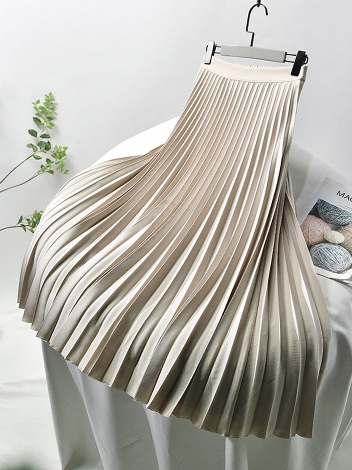 Vornelle | Women's High-Waist Pleated Midi Skirt - Beige - Image 1