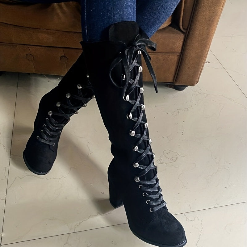 Vornelle | Women's Knee High Lace-Up Slouch Boots - Black - Image 3