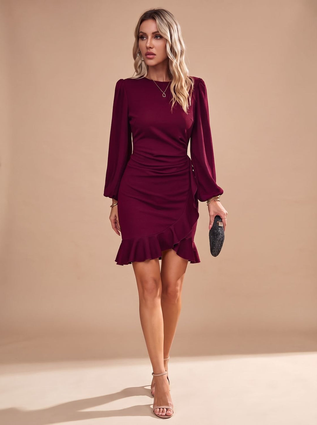 Vornelle | Women's Long Sleeve Ruffle Hem Mini Dress - Image 6