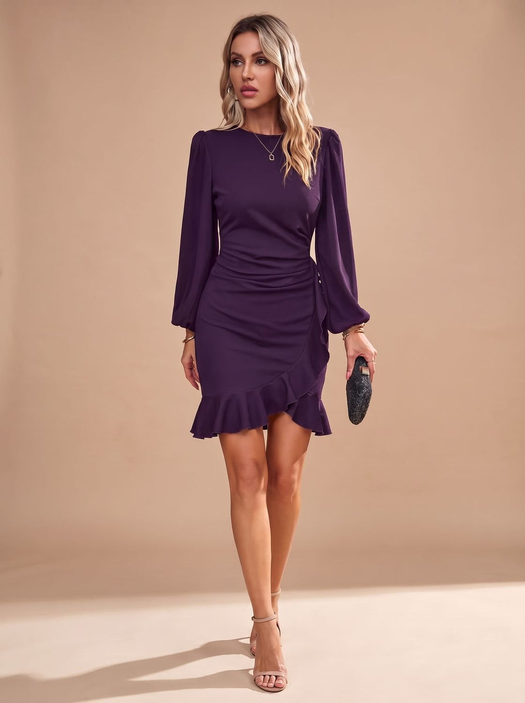 Vornelle | Women's Long Sleeve Ruffle Hem Mini Dress - Image 7