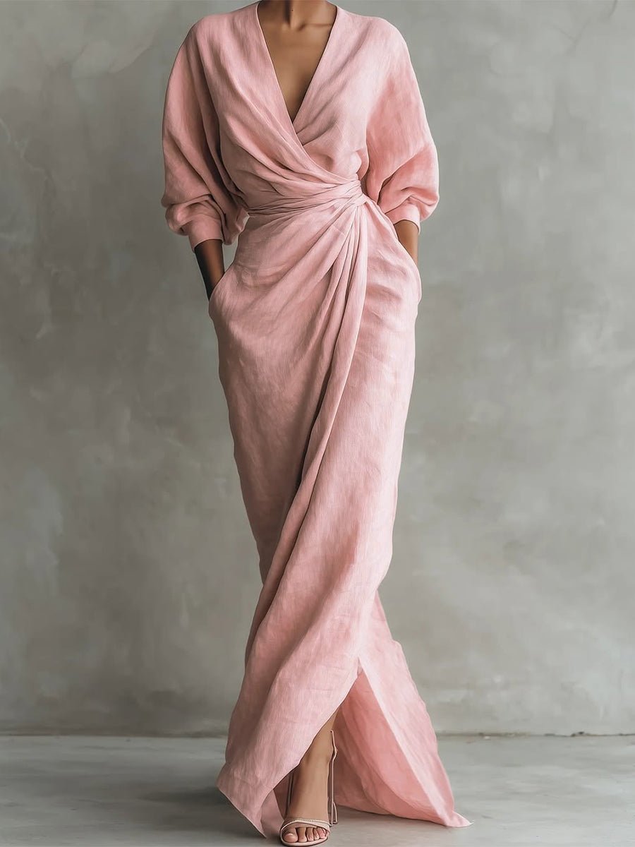 Vorneva | Women's Wrap Maxi Dress V-Neck Ruched - Pink - Image 1