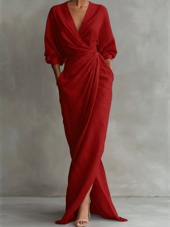 Vorneva | Women's Wrap Maxi Dress V-Neck Ruched - Pink - Image 3