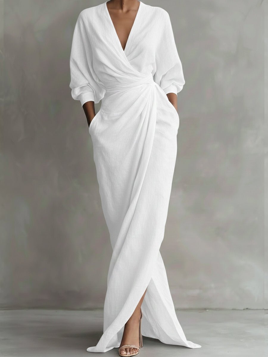 Vorneva | Women's Wrap Maxi Dress V-Neck Ruched - Pink - Image 4