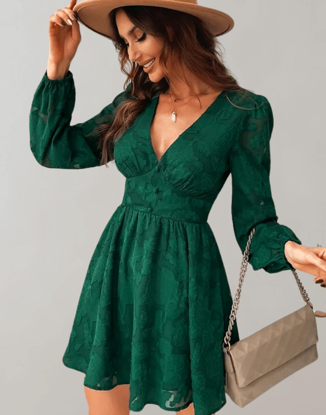 Vornielle | Women's Cocktail Dress Long Sleeve Mini - Dark Green - Image 3