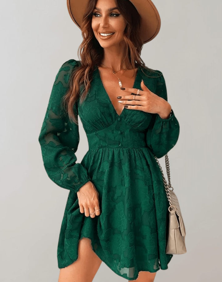 Vornielle | Women's Cocktail Dress Long Sleeve Mini - Dark Green - Image 4