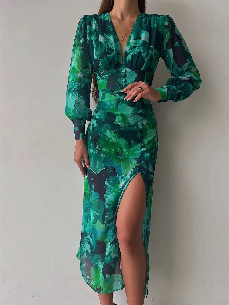 Vorrelyn | Women's Floral Print Midi Dress Long Sleeve - Green - Image 1
