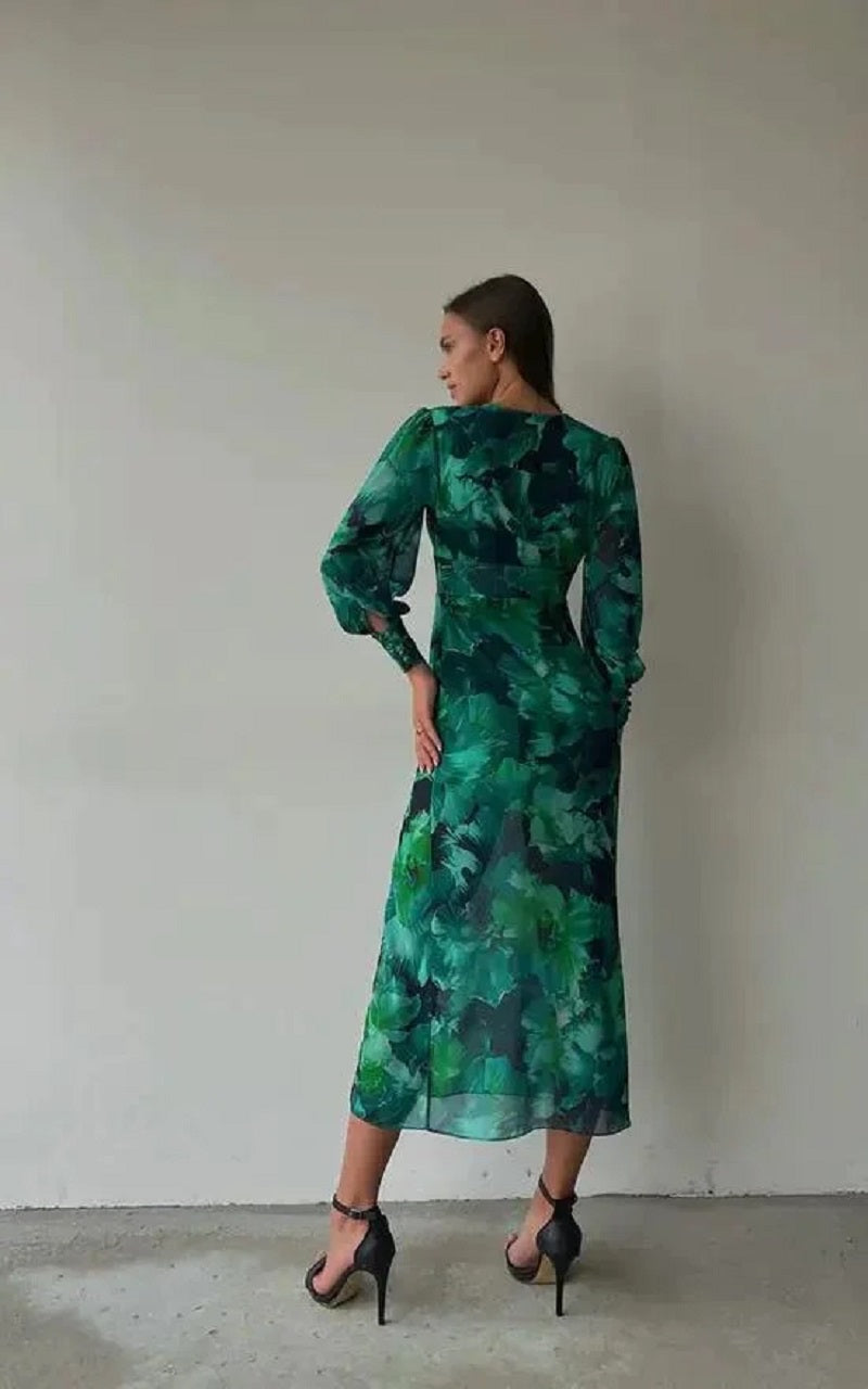 Vorrelyn | Women's Floral Print Midi Dress Long Sleeve - Green - Image 10