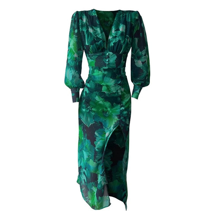 Vorrelyn | Women's Floral Print Midi Dress Long Sleeve - Green - Image 11