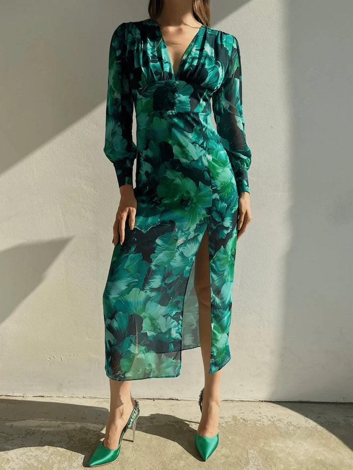 Vorrelyn | Women's Floral Print Midi Dress Long Sleeve - Green - Image 2