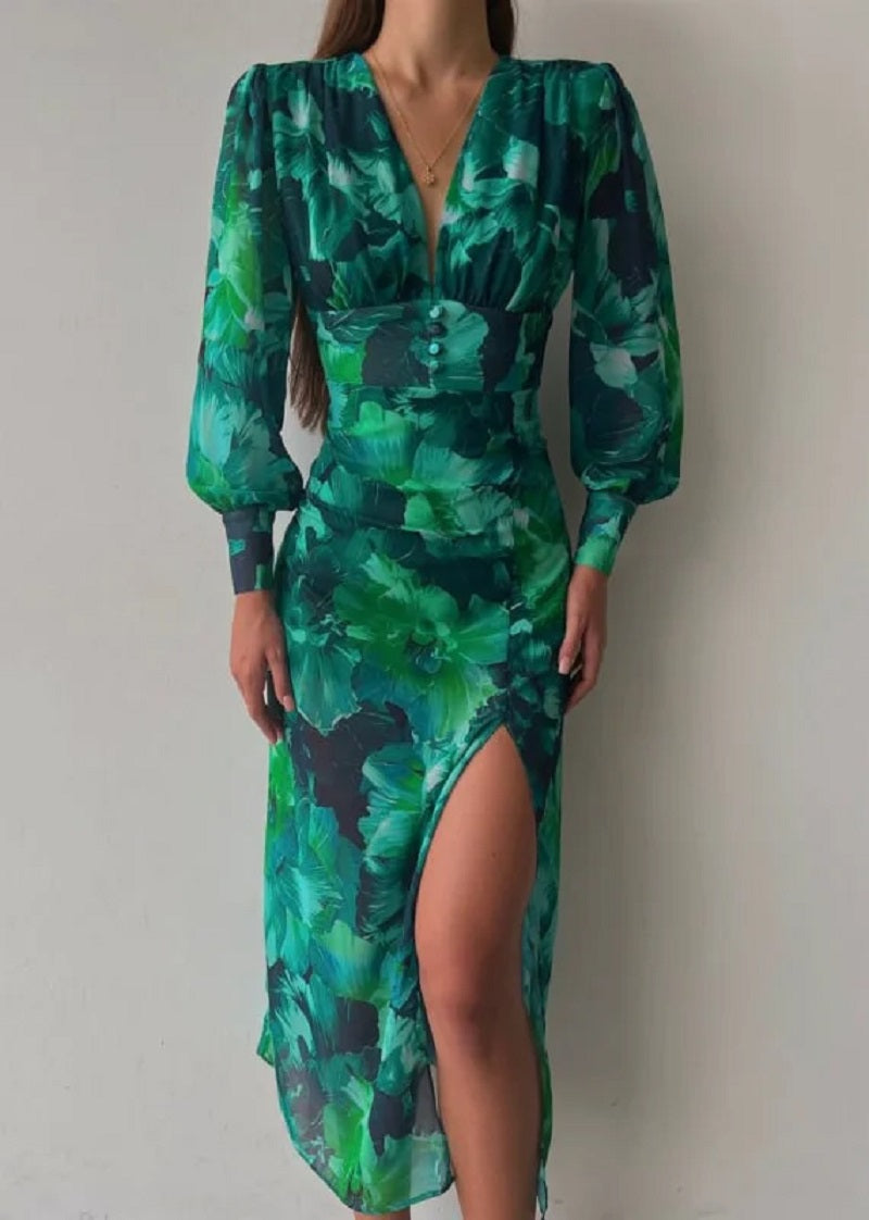 Vorrelyn | Women's Floral Print Midi Dress Long Sleeve - Green - Image 3