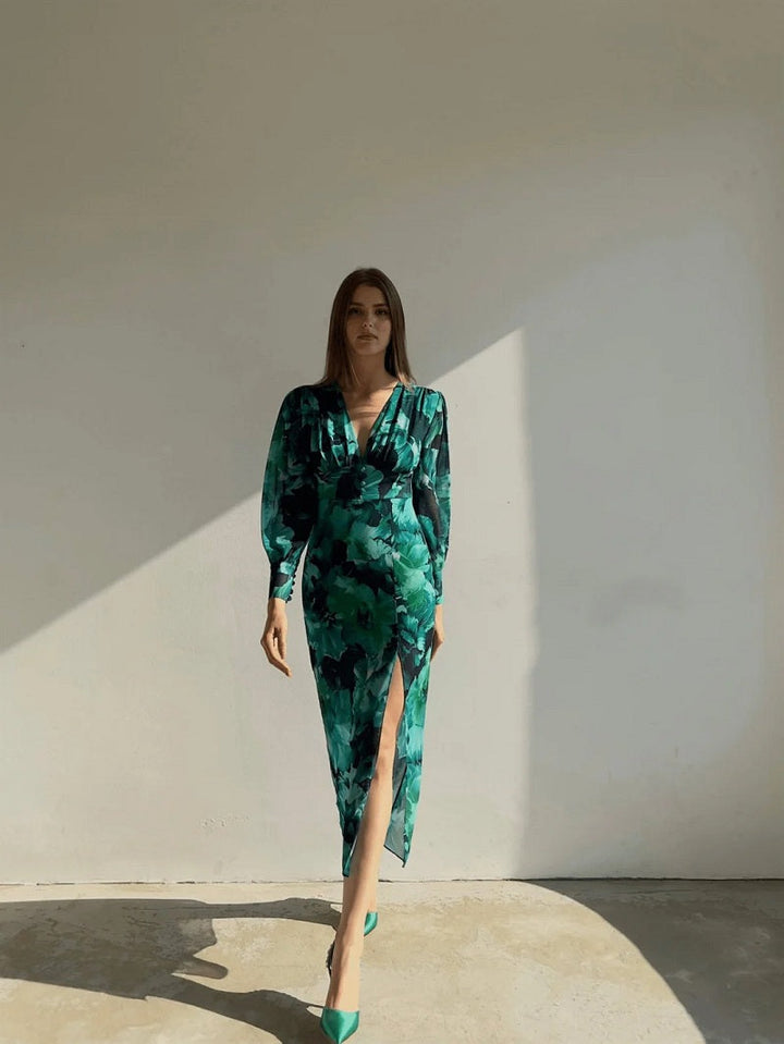 Vorrelyn | Women's Floral Print Midi Dress Long Sleeve - Green - Image 4