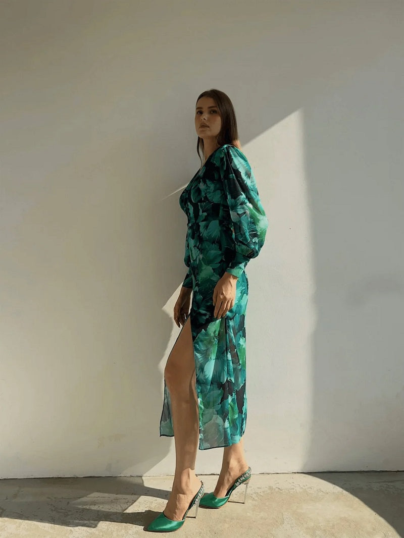 Vorrelyn | Women's Floral Print Midi Dress Long Sleeve - Green - Image 5