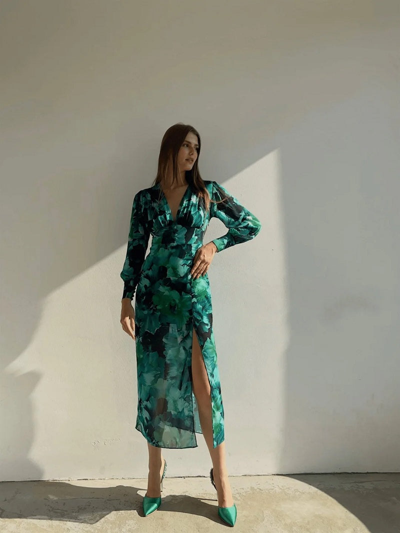 Vorrelyn | Women's Floral Print Midi Dress Long Sleeve - Green - Image 6