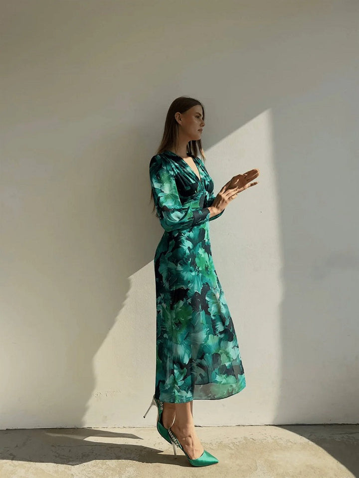 Vorrelyn | Women's Floral Print Midi Dress Long Sleeve - Green - Image 7