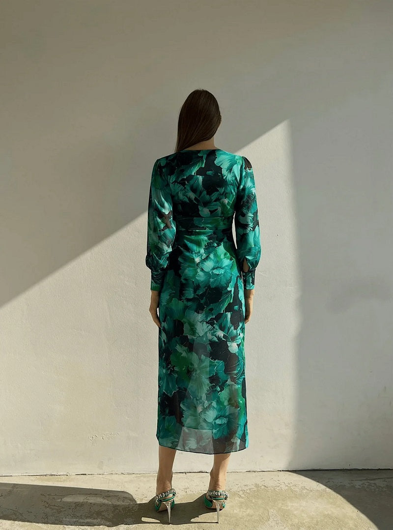 Vorrelyn | Women's Floral Print Midi Dress Long Sleeve - Green - Image 8