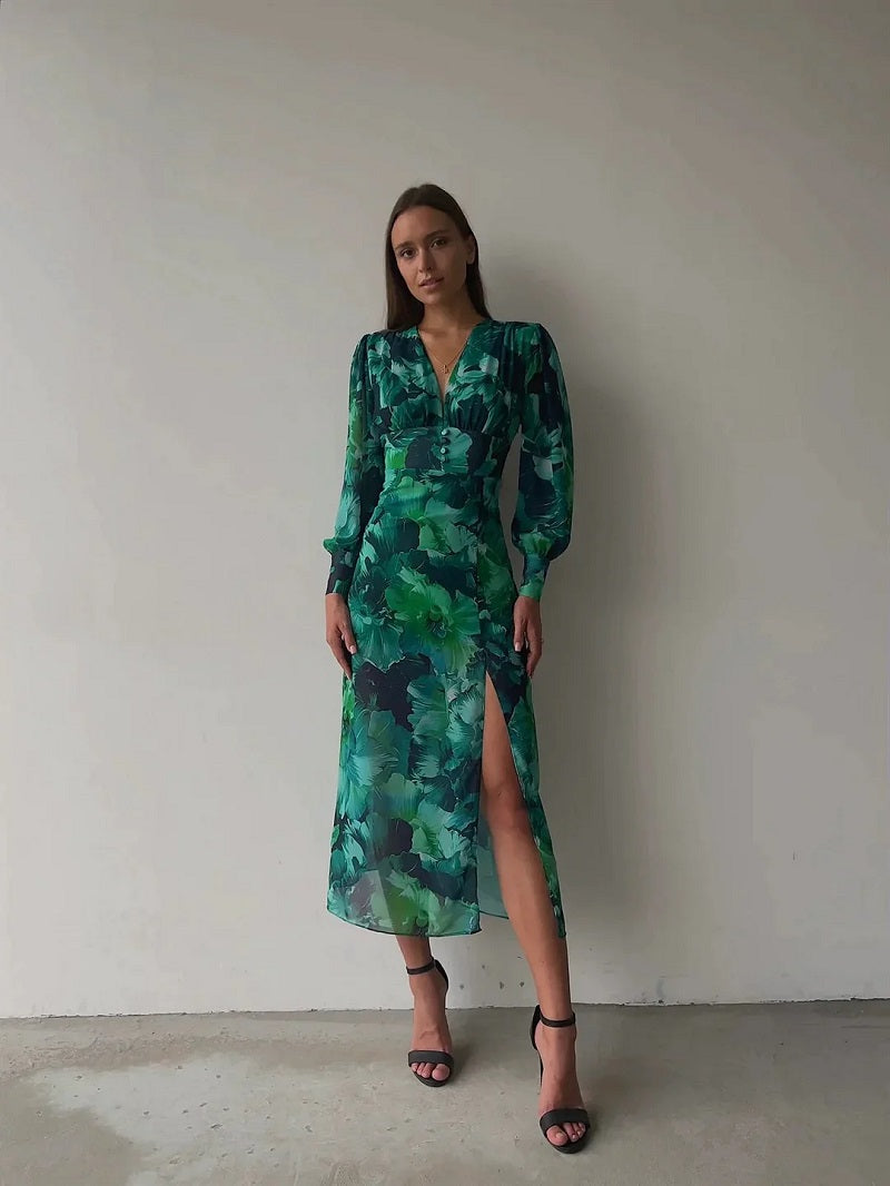 Vorrelyn | Women's Floral Print Midi Dress Long Sleeve - Green - Image 9