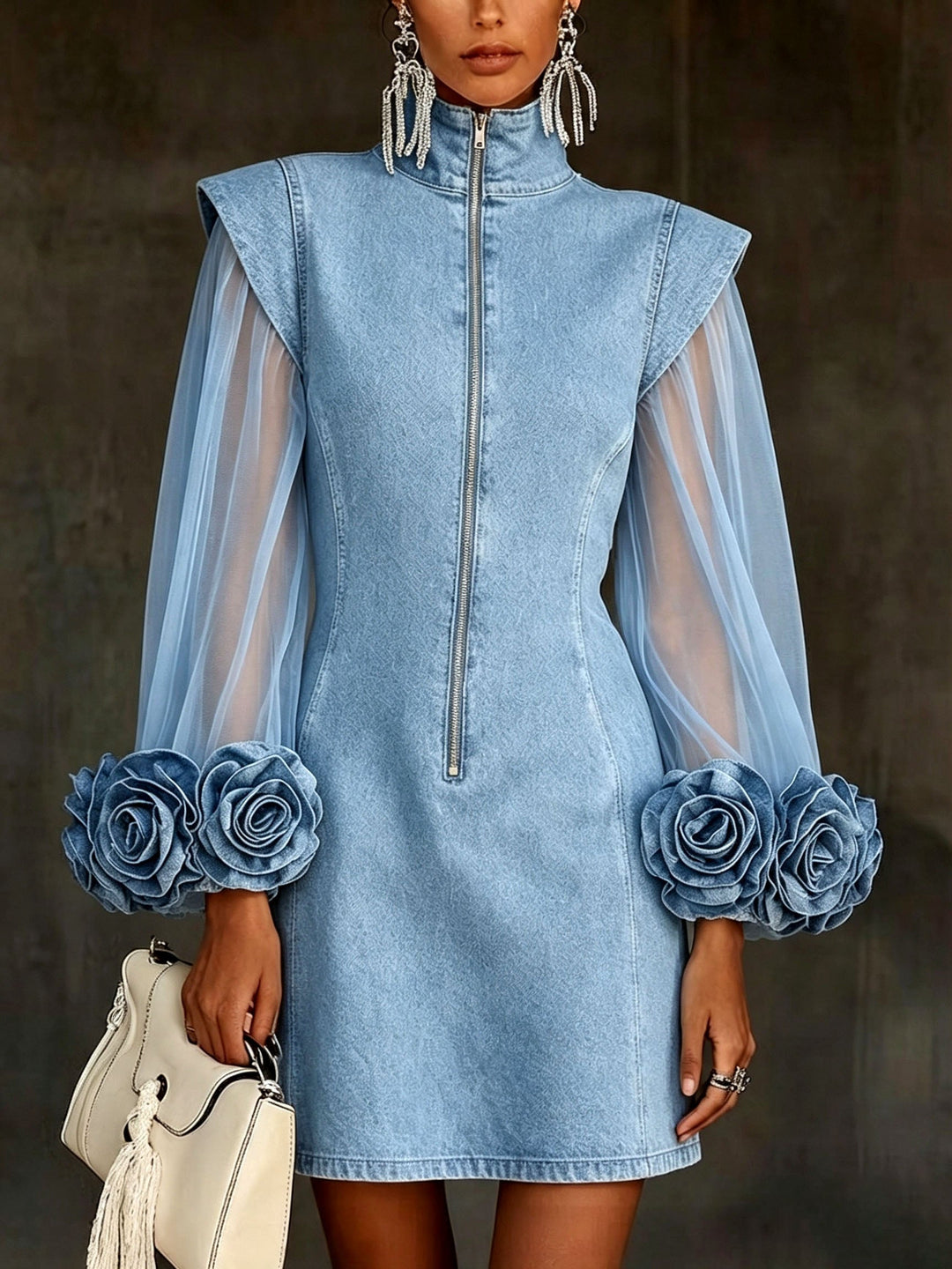 Vorrena | Women's Floral Cuff Denim Mini Dress - Light Blue - Image 1