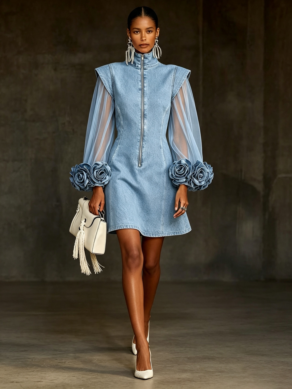 Vorrena | Women's Floral Cuff Denim Mini Dress - Light Blue - Image 2