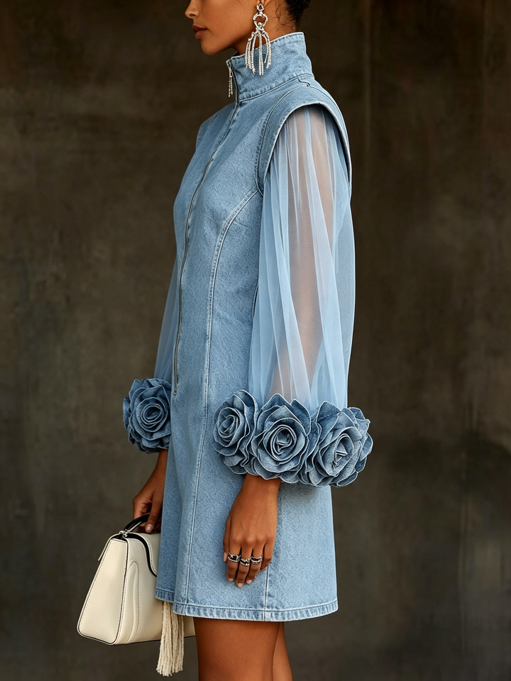 Vorrena | Women's Floral Cuff Denim Mini Dress - Light Blue - Image 3