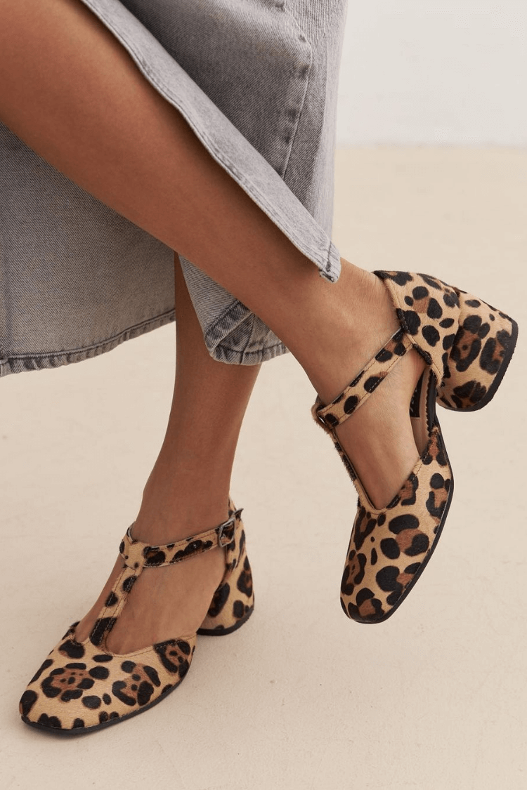 Vorrena | Women's Leopard Print T-Bar Block Heel Sandals - Leopard - Image 2