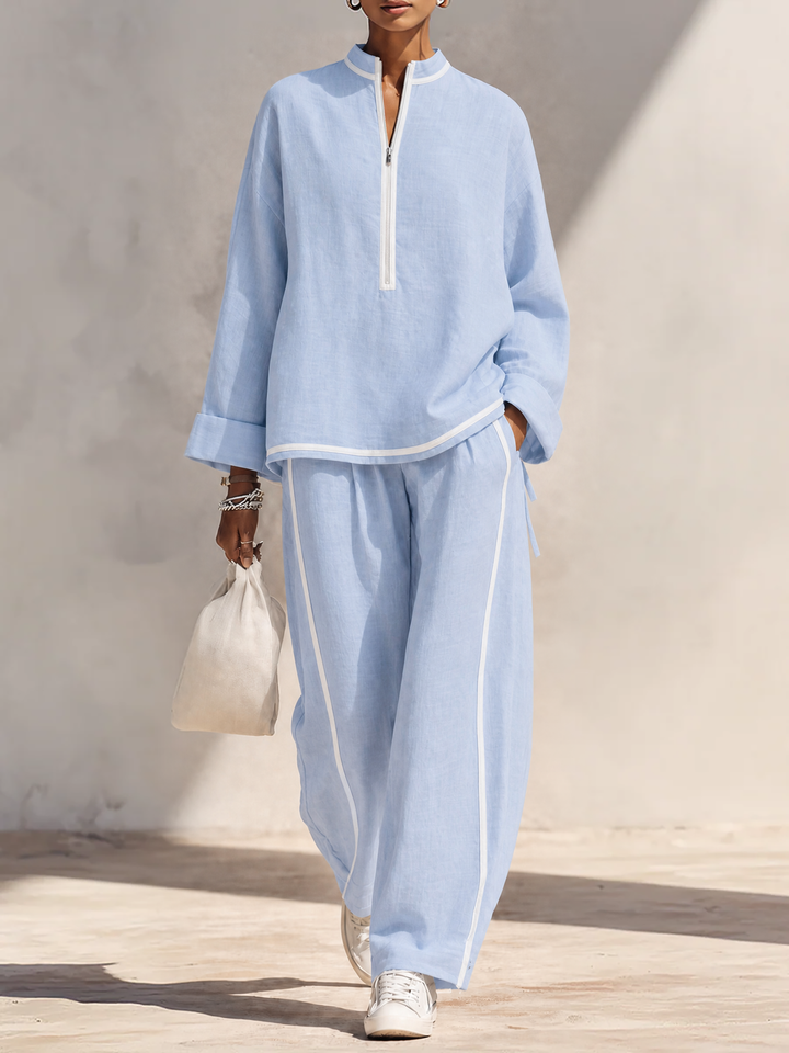 Vorrinda | Women's Linen Two Piece Set Wide Leg - Light Blue - Image 1