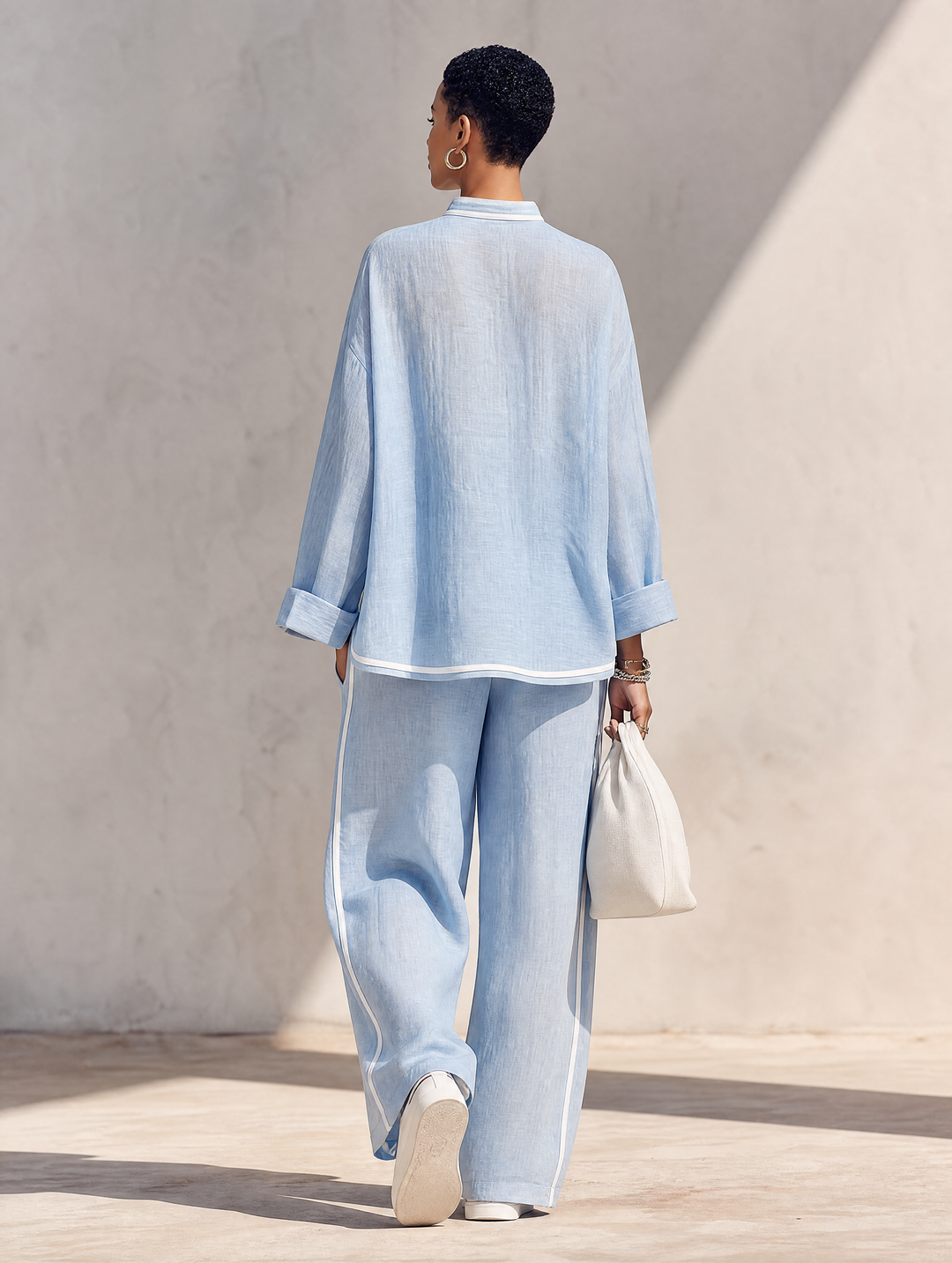 Vorrinda | Women's Linen Two Piece Set Wide Leg - Light Blue - Image 10