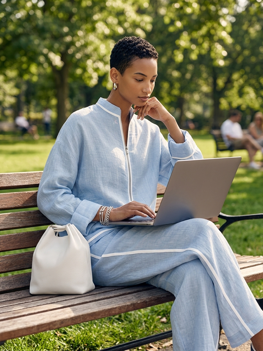 Vorrinda | Women's Linen Two Piece Set Wide Leg - Light Blue - Image 2