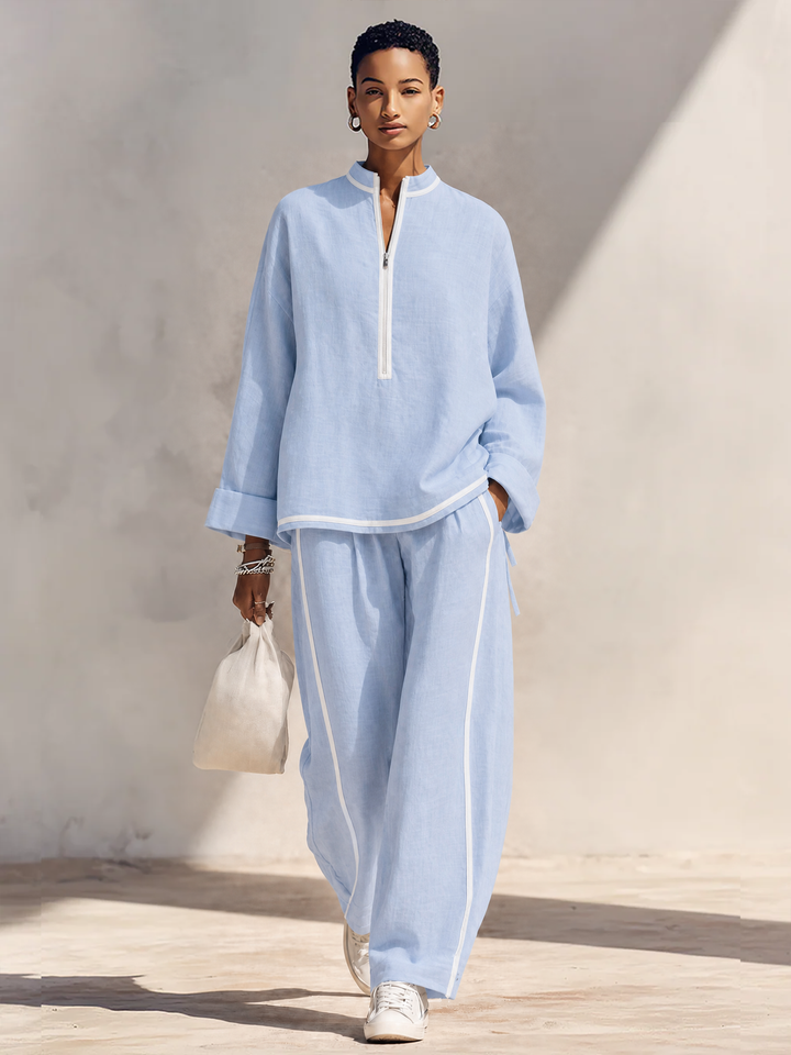 Vorrinda | Women's Linen Two Piece Set Wide Leg - Light Blue - Image 6